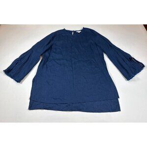 J. Jill Love Linen Womens Tunic M Frayed 3/4 Sleeve Blue (F323)